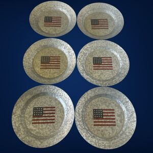 Set Of 6 Pottery Barn Discontinued American Flag Galvanized Metal 9” Plates New